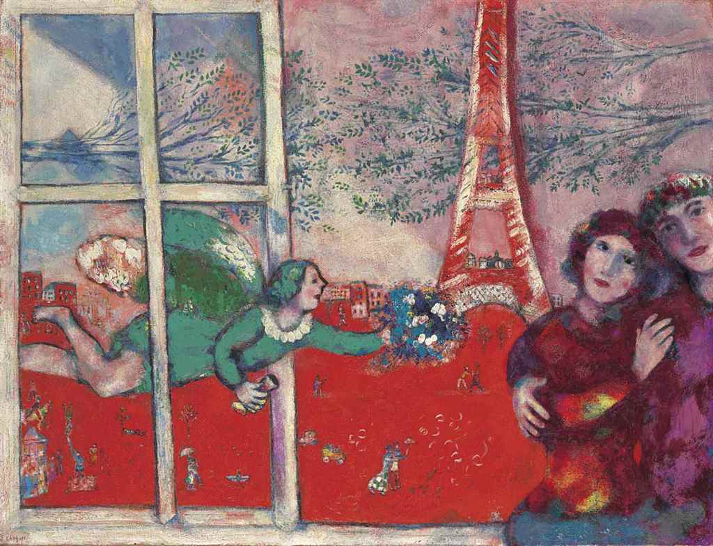 馬克·夏卡爾 Marc Chagall (1887-1985)｜艾菲爾鐵塔前的新婚夫婦 Lovers and the Eiffel Tower｜1928｜油彩、畫布｜89x117cm