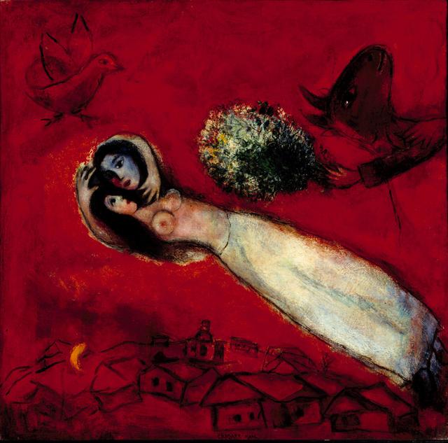 馬克·夏卡爾 Marc Chagall (1887-1985)｜紅色天空的戀人 Lovers in the Red Sky｜1950｜油彩、畫布｜66x65cm