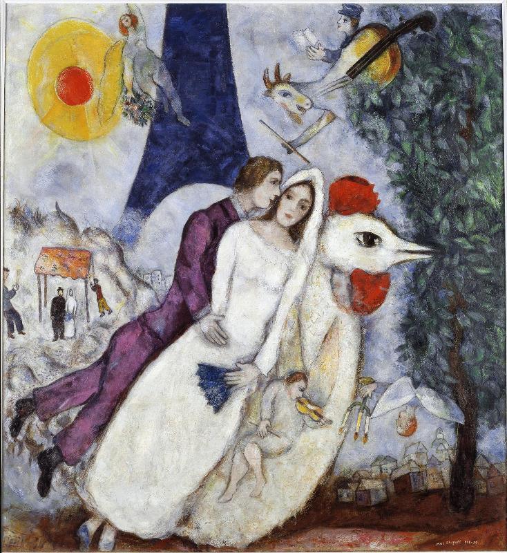 馬克·夏卡爾 Marc Chagall (1887-1985)｜艾菲爾鐵塔前的新婚愛侶 Les mariés de la Tour Eiffel｜1938-1939｜油彩、畫布｜150x136.5cm